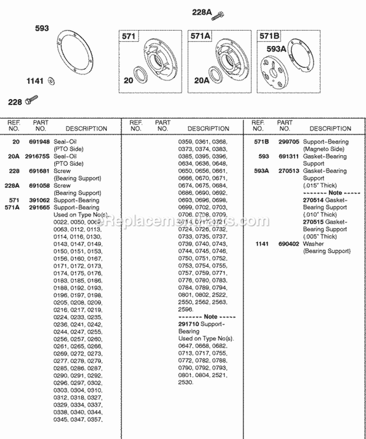 Bearing Supports Gaskets Diagram and Parts List for 326431-0129-99  Briggs and Stratton Engine
